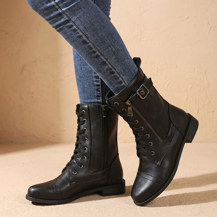 Women's Orthopedic Lace-Up Side-Zip Combat Ankle Boots, Brown - Black