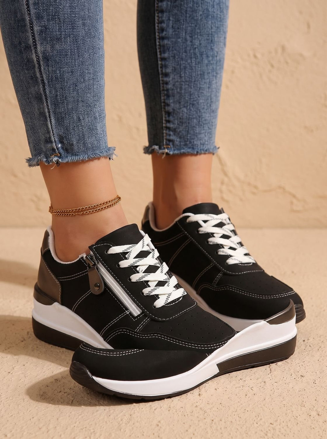 Women's Orthopedic Lace-Up Side-Zip Platform Sneakers - Black