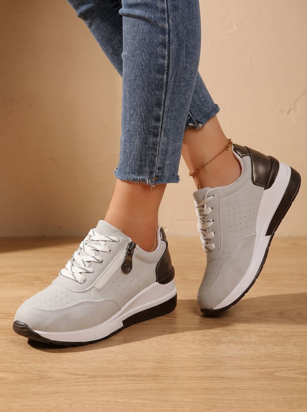 Women's Orthopedic Lace-Up Side-Zip Platform Sneakers - Grey