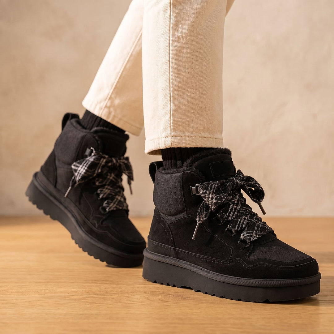 Women's Orthopedic Lace-Up Suede Ankle Boots Plush Lined Platform - Black