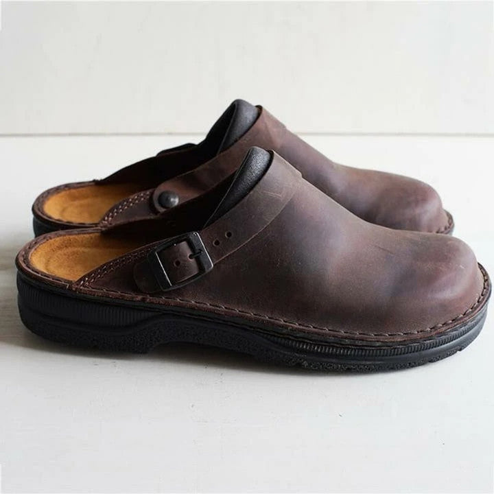 Women's Orthopedic Leather Slip-On Buckle Clogs - Dark Brown