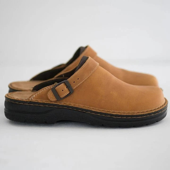 Women's Orthopedic Leather Slip-On Buckle Clogs - Brown