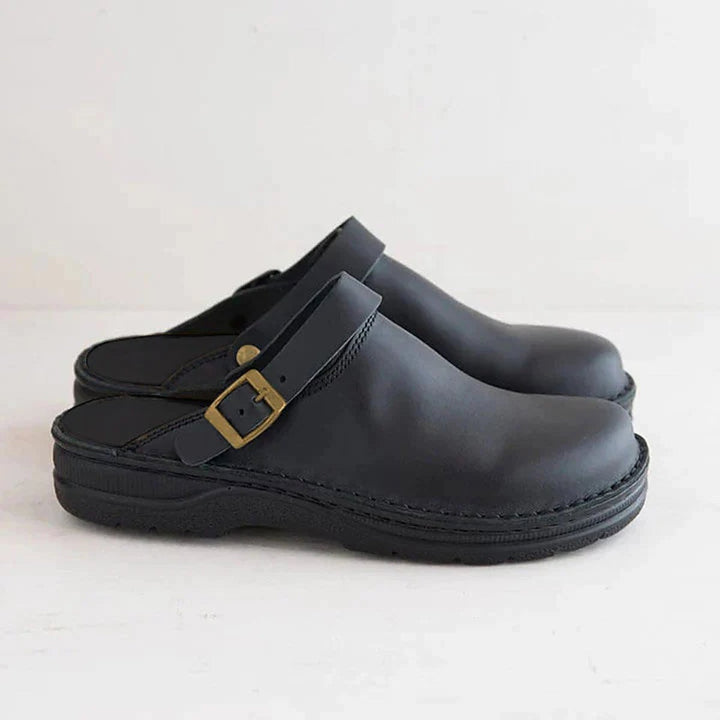 Women's Orthopedic Leather Slip-On Buckle Clogs - Black