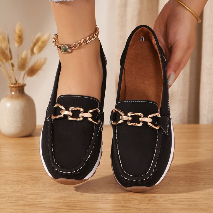 Women's Orthopedic Loafers Gold Chain Slip-On Suede Flats - Black