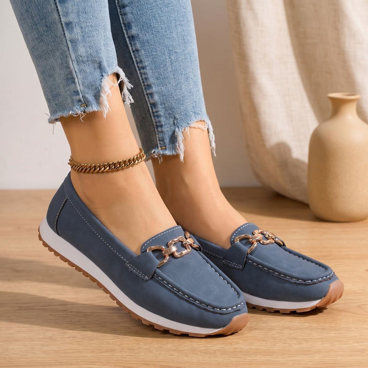 Women's Orthopedic Loafers Gold Chain Slip-On Suede Flats - Blue