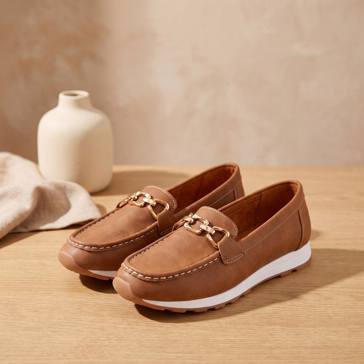 Women's Orthopedic Loafers Gold Chain Slip-On Suede Flats - Brown