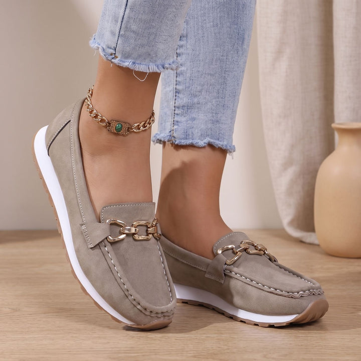 Women's Orthopedic Loafers Gold Chain Slip-On Suede Flats - Beige