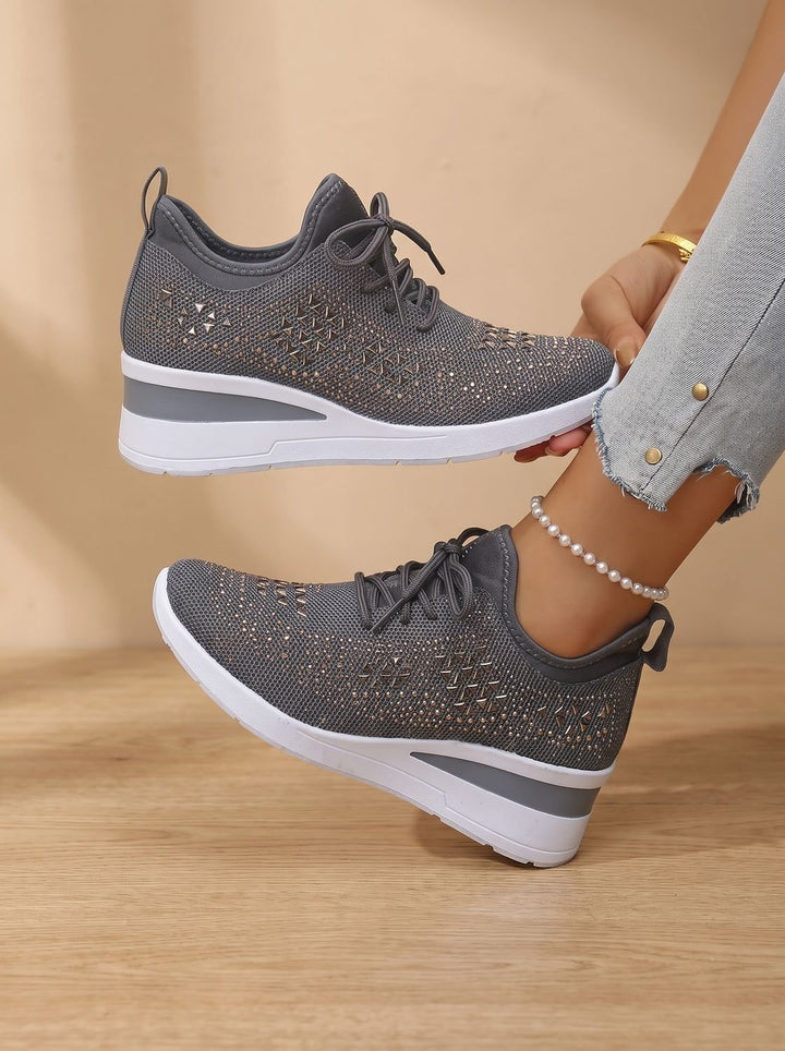 Women's Orthopedic Rhinestone Knit Lace-Up Wedge Sneakers - Grey