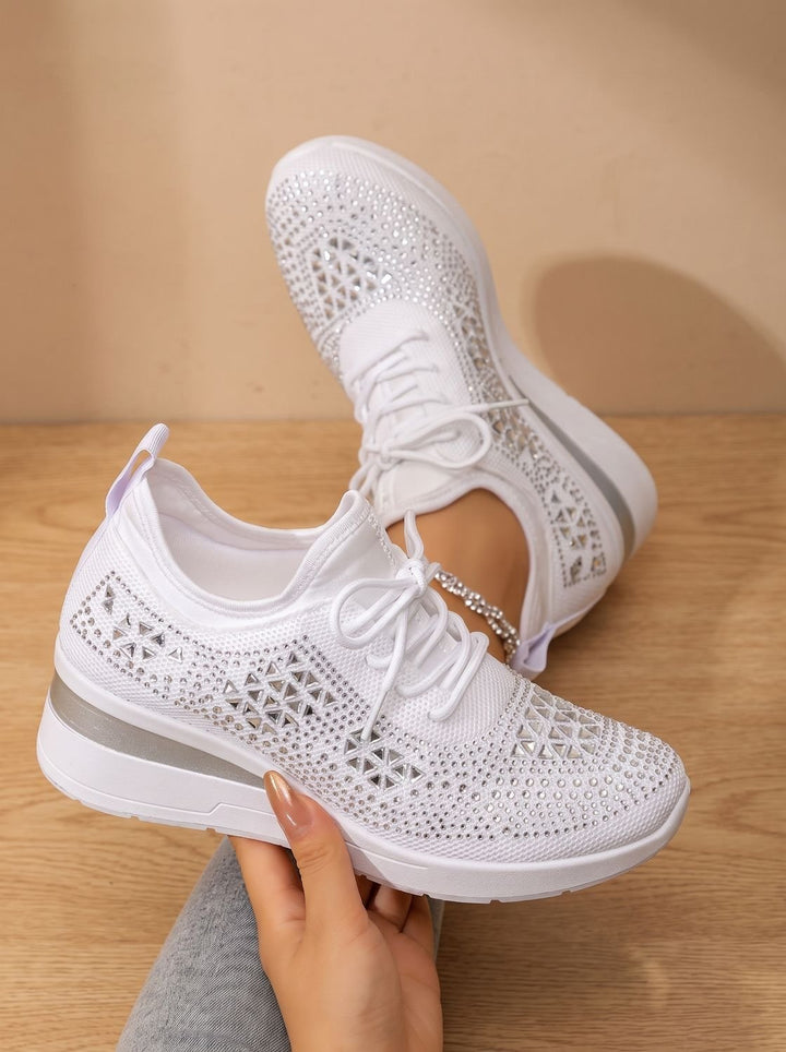 Women's Orthopedic Rhinestone Knit Lace-Up Wedge Sneakers - White