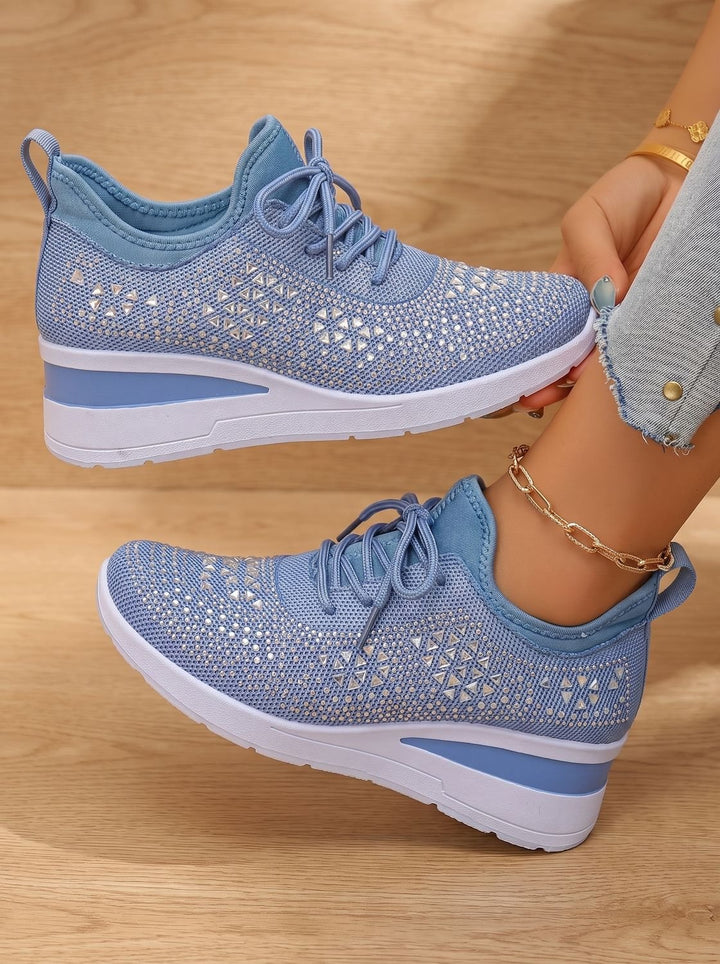 Women's Orthopedic Rhinestone Knit Lace-Up Wedge Sneakers - Blue