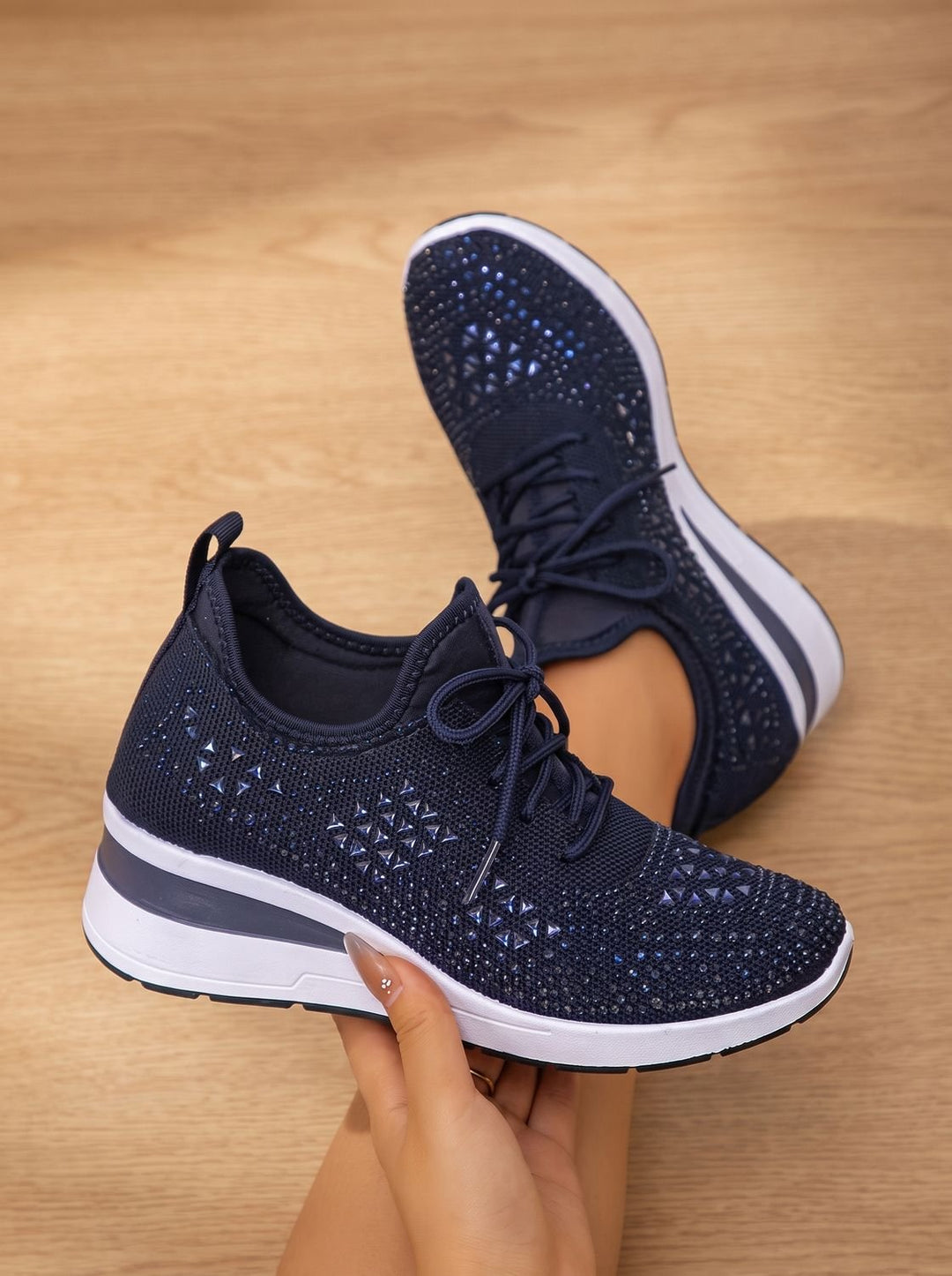 Women's Orthopedic Rhinestone Knit Lace-Up Wedge Sneakers - Dark Blue