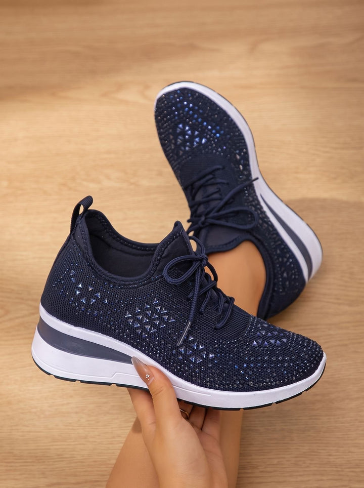 Women's Orthopedic Rhinestone Knit Lace-Up Wedge Sneakers - Dark Blue