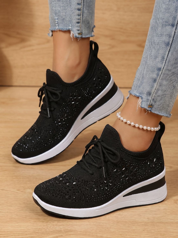 Women's Orthopedic Rhinestone Knit Lace-Up Wedge Sneakers - Black