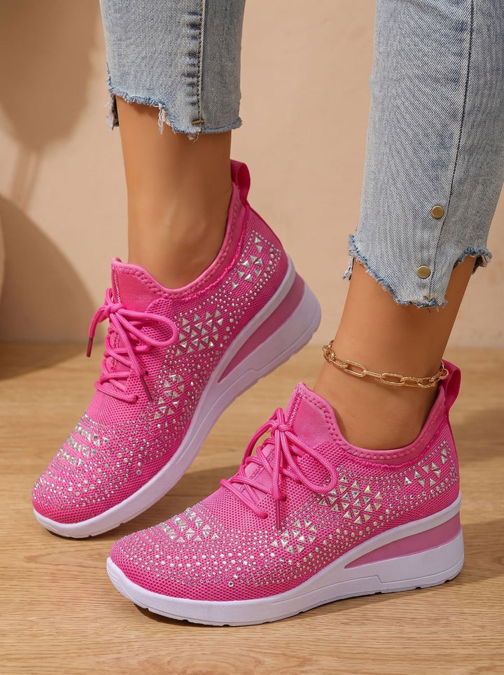 Women's Orthopedic Rhinestone Knit Lace-Up Wedge Sneakers - Rose