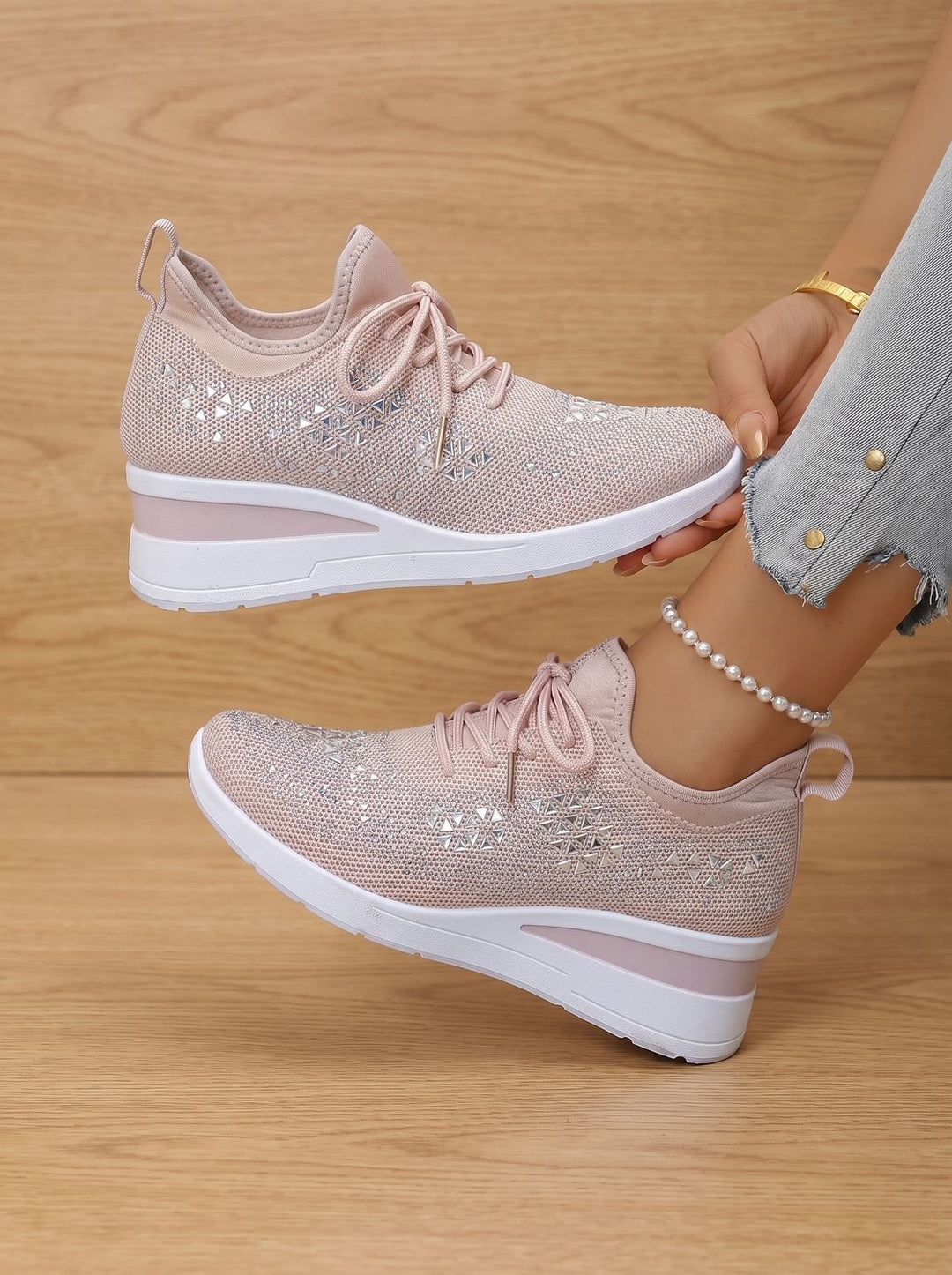 Women's Orthopedic Rhinestone Knit Lace-Up Wedge Sneakers - Pink