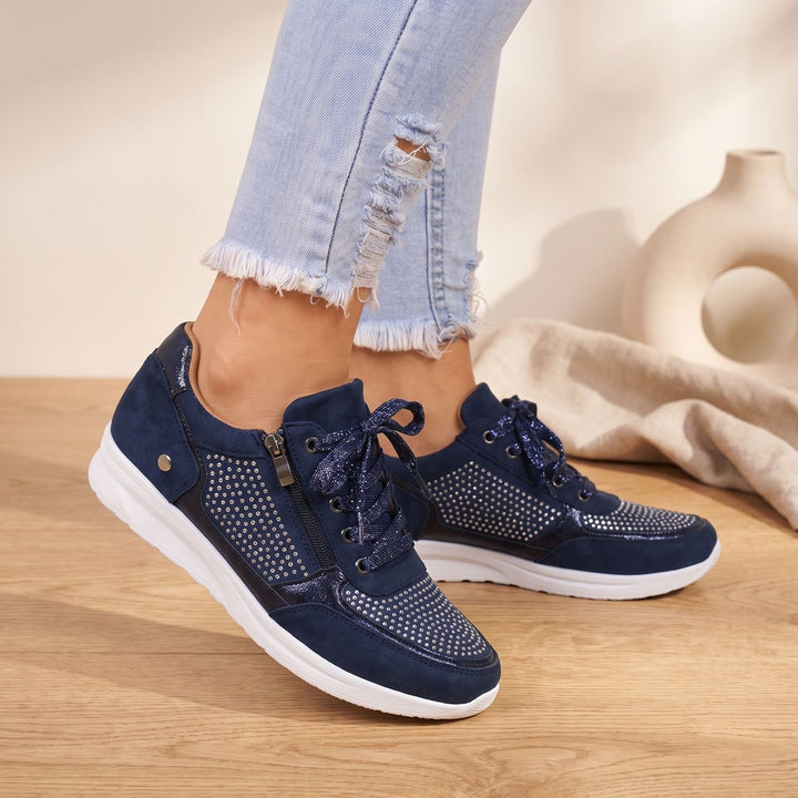 Women's Orthopedic Rhinestone Lace-Up Zipper Sneakers - Blue