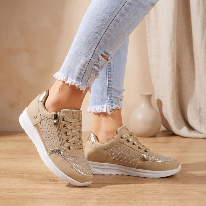 Women's Orthopedic Rhinestone Lace-Up Zipper Sneakers - Beige