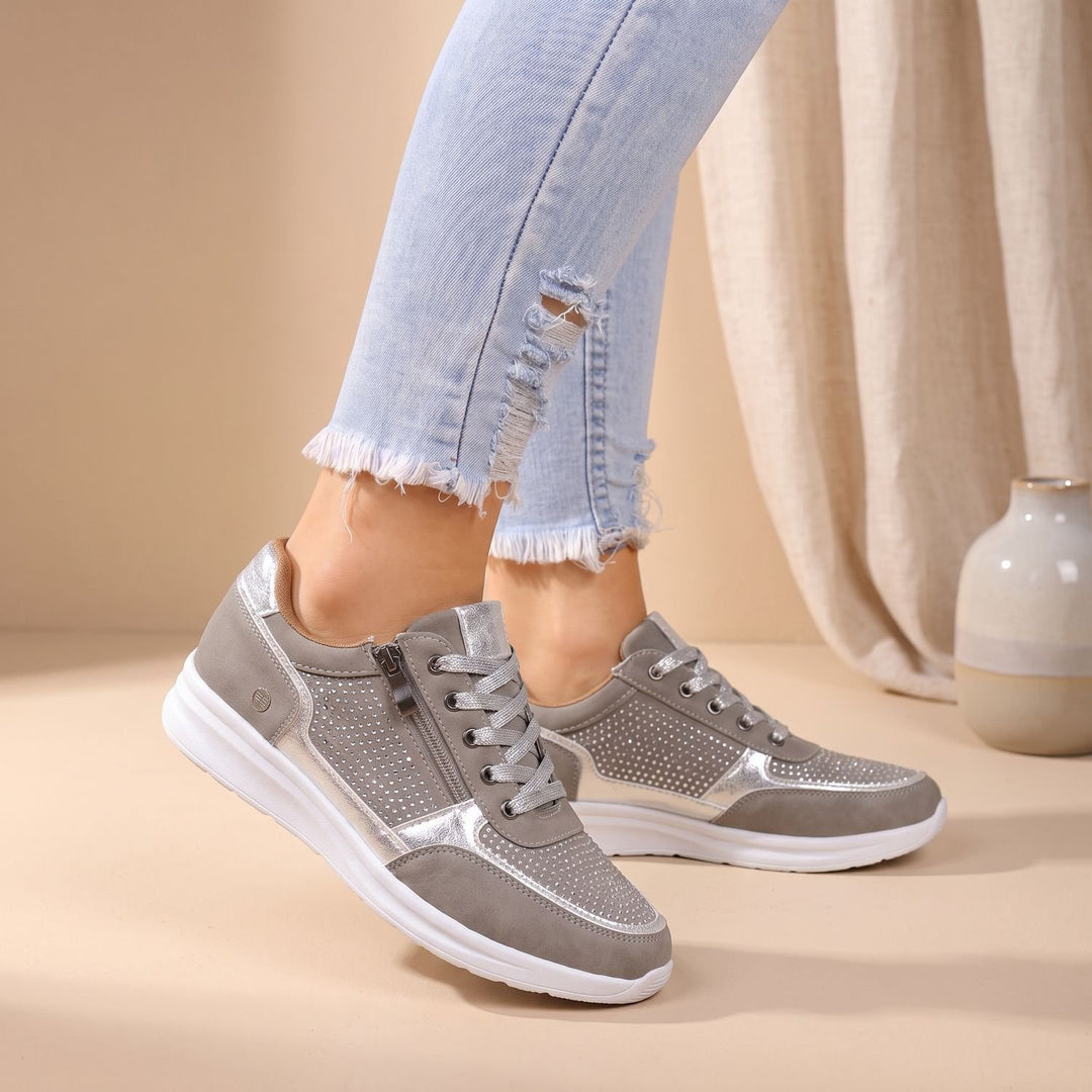 Women's Orthopedic Rhinestone Lace-Up Zipper Sneakers - Silver