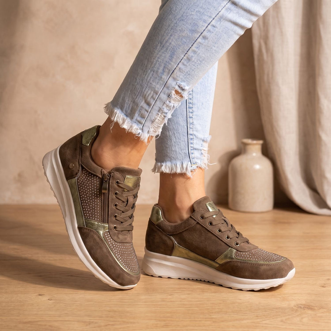 Women's Orthopedic Rhinestone Lace-Up Zipper Sneakers - Brown