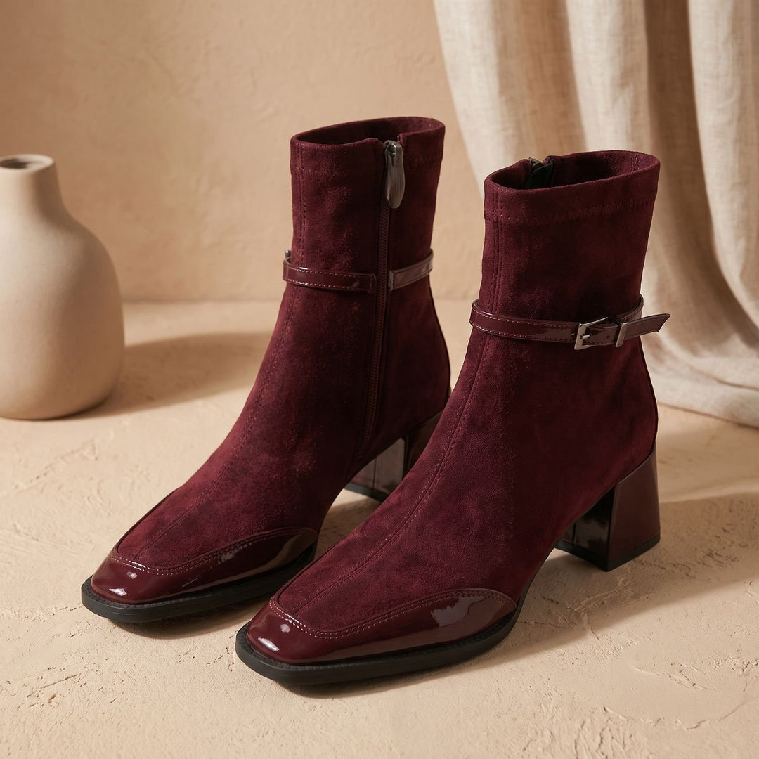 Women's Orthopedic Square Toe Suede Ankle Boots Buckle Block Heel - Burgundy