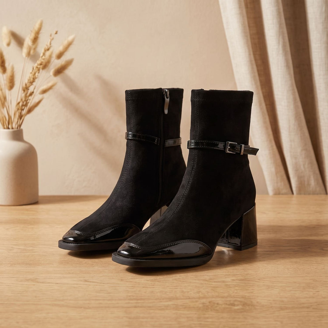 Women's Orthopedic Square Toe Suede Ankle Boots Buckle Block Heel - Black