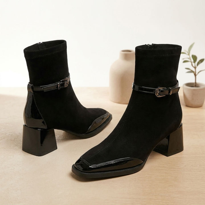 Women's Orthopedic Square Toe Suede Ankle Boots Buckle Block Heel