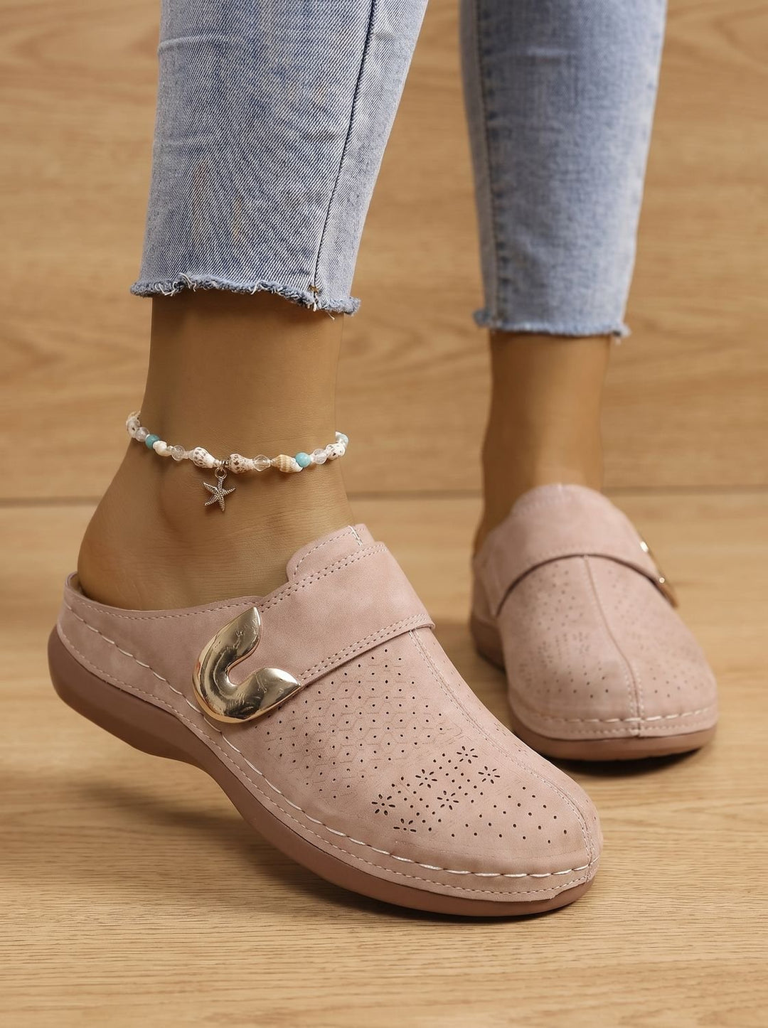 Women's Orthopedic Velcro Slip-On Mule Clogs Honeycomb Textured - Beige