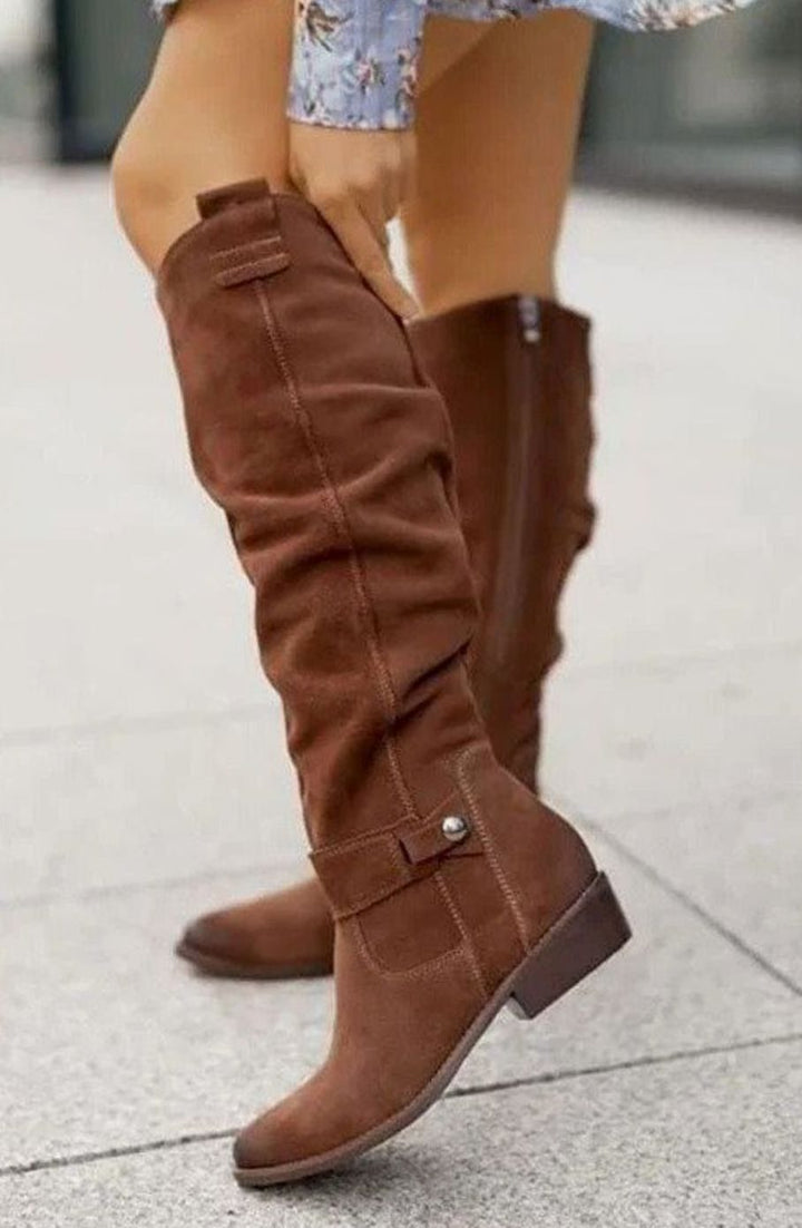 Women's Over-the-Knee Suede Low-Heel Fashion Boots - Brown