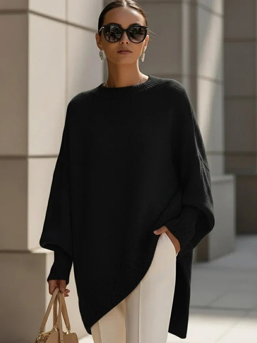 Women's Oversized Batwing-Sleeve Knit Pullover Sweater - Black