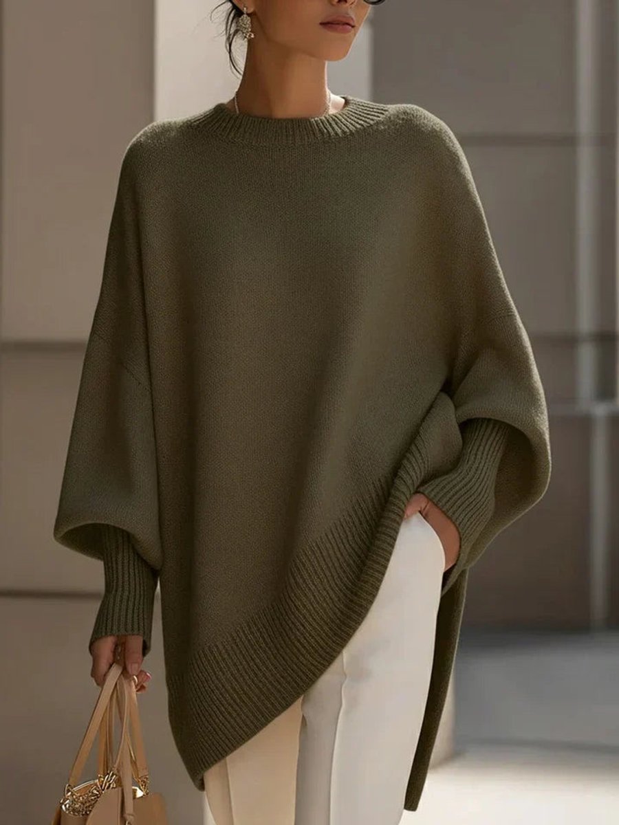 Women's Oversized Batwing-Sleeve Knit Pullover Sweater - Olive