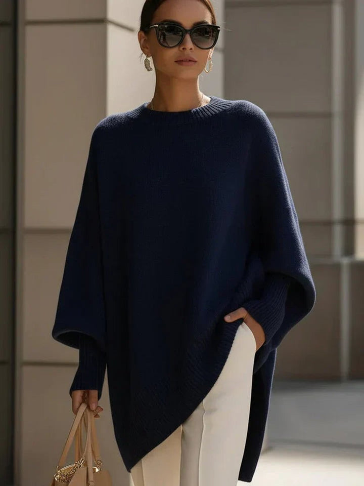 Women's Oversized Batwing-Sleeve Knit Pullover Sweater - Navy Blue