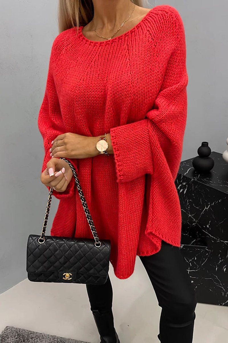 Women's Oversized Batwing-Sleeve Relaxed Knit Sweater - Red