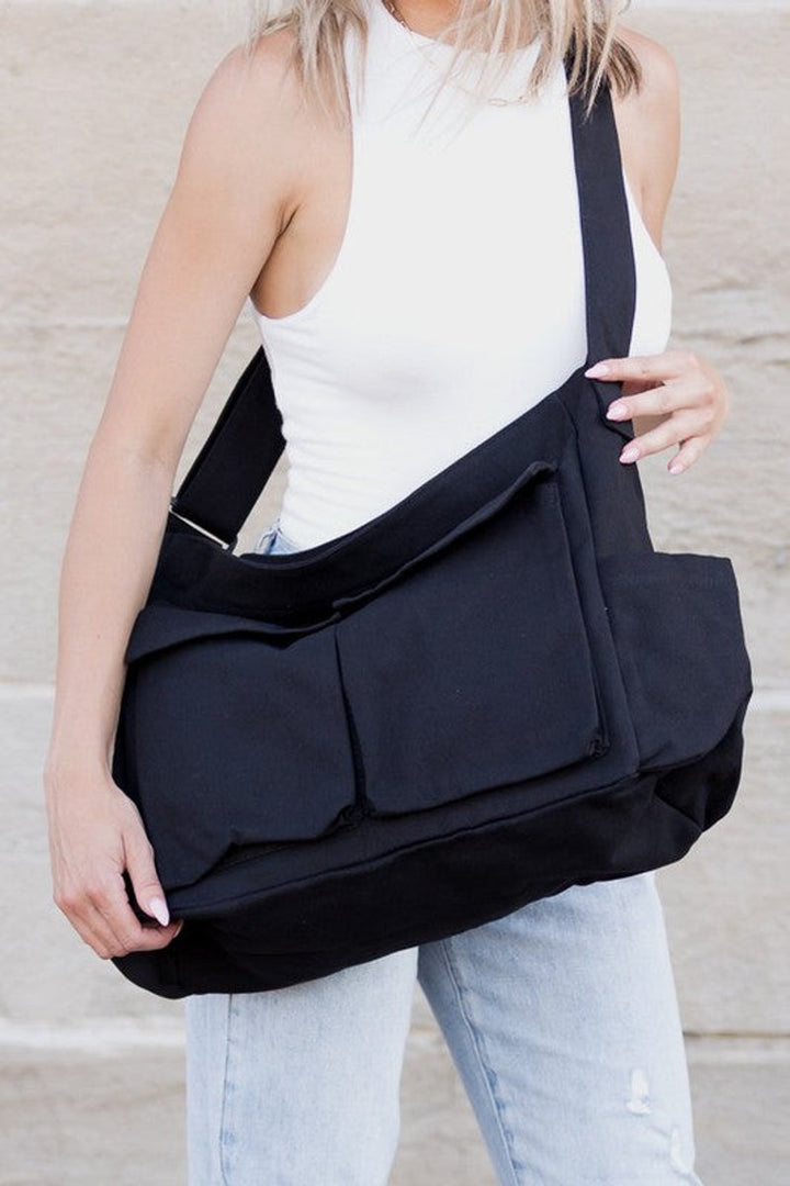 Women's Oversized Black Canvas Tote Bag Messenger Shoulder Bag - Schwarz