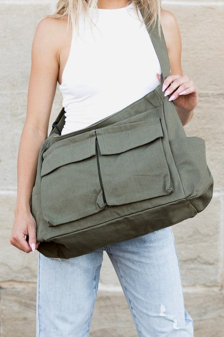 Women's Oversized Black Canvas Tote Bag Messenger Shoulder Bag - Olive