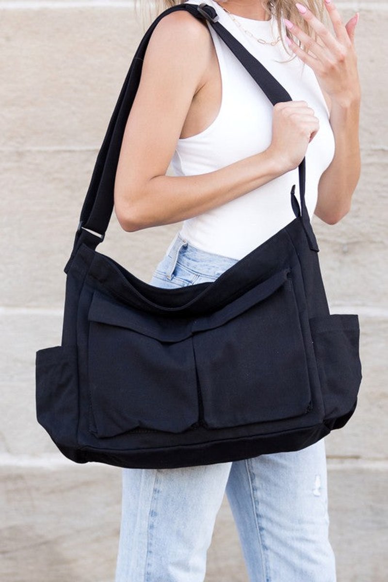 Women's Oversized Black Canvas Tote Bag Messenger Shoulder Bag