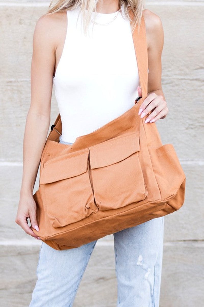 Women's Oversized Black Canvas Tote Bag Messenger Shoulder Bag - Kamel