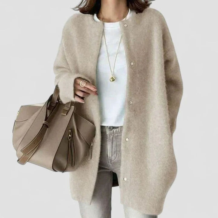 Women's Oversized Button-Front Knit Cardigan Sweater, Khaki - White