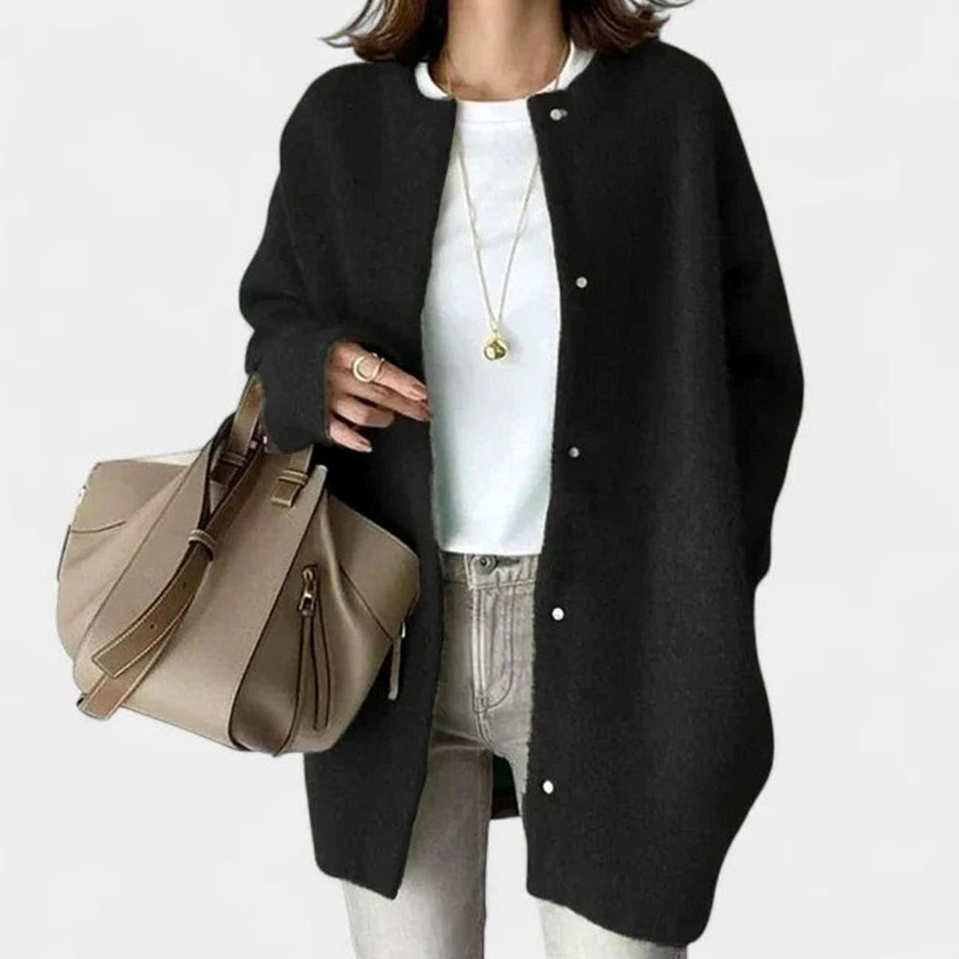 Women's Oversized Button-Front Knit Cardigan Sweater, Khaki - Black