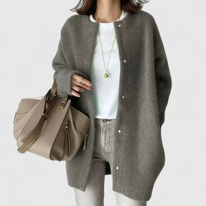 Women's Oversized Button-Front Knit Cardigan Sweater, Khaki - Dark Gray