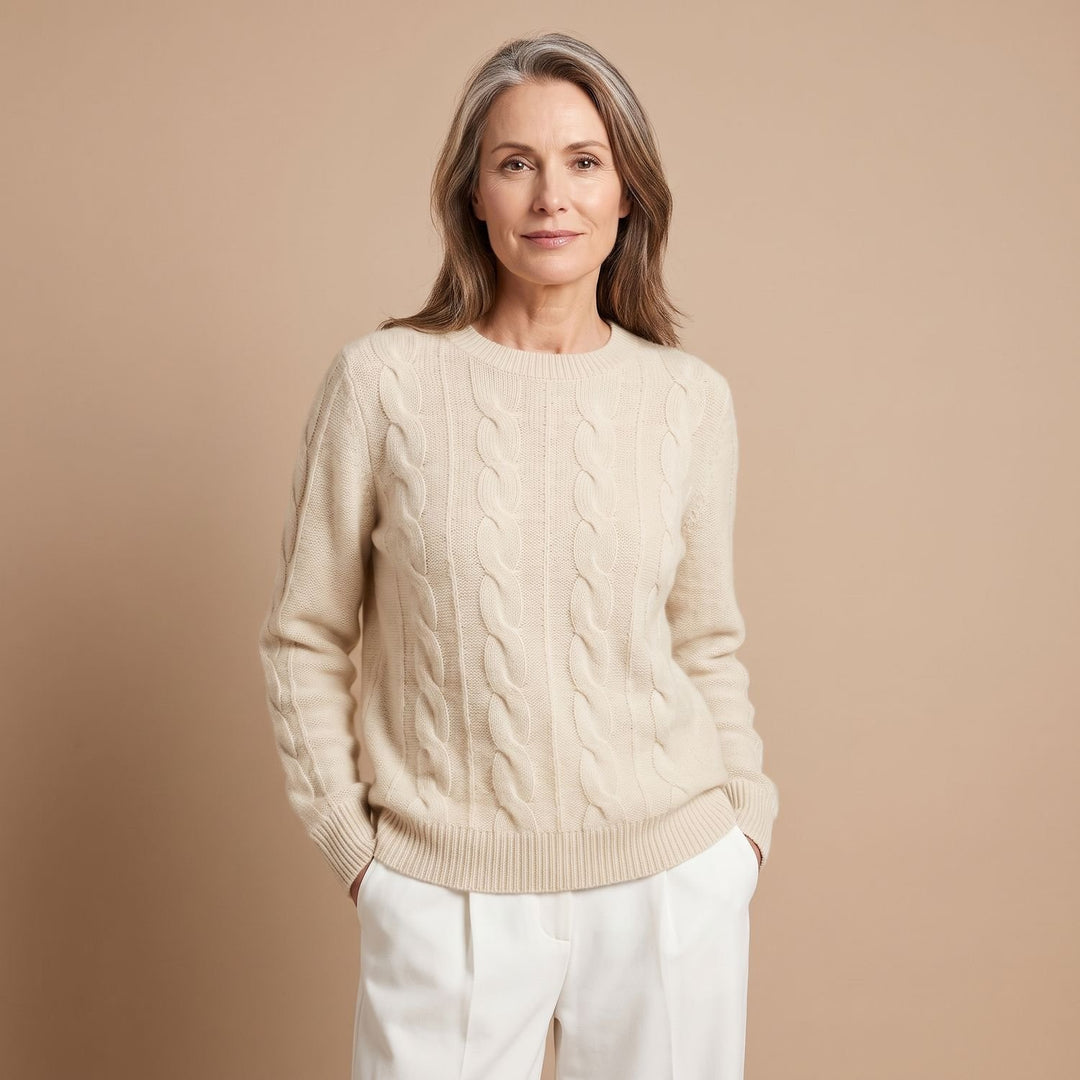 Women's Oversized Cable Knit Crewneck Pullover Sweater - Beige