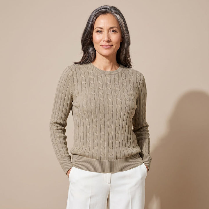 Women's Oversized Cable Knit Crewneck Pullover Sweater - Khaki