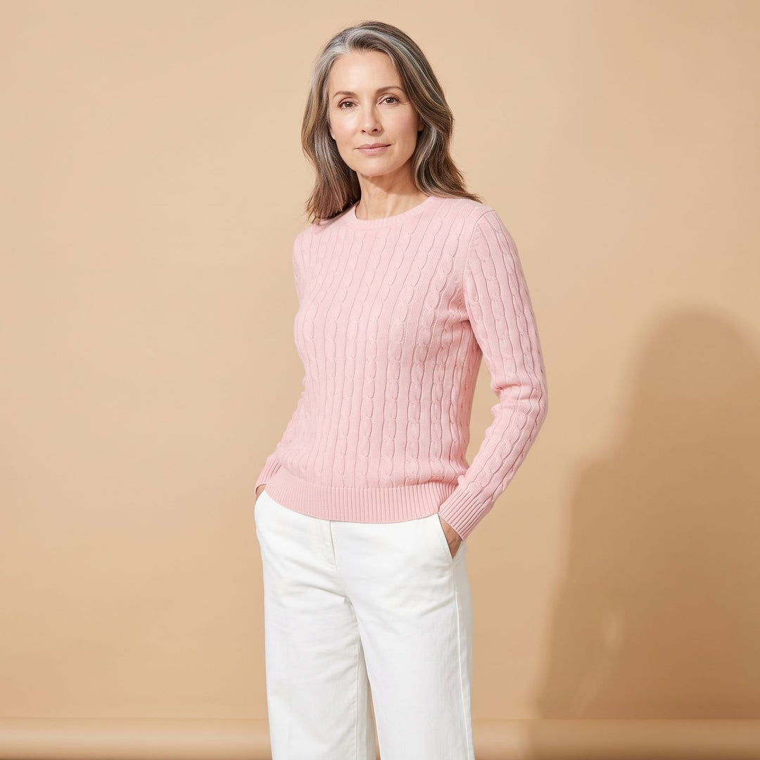 Women's Oversized Cable Knit Crewneck Pullover Sweater - Pink