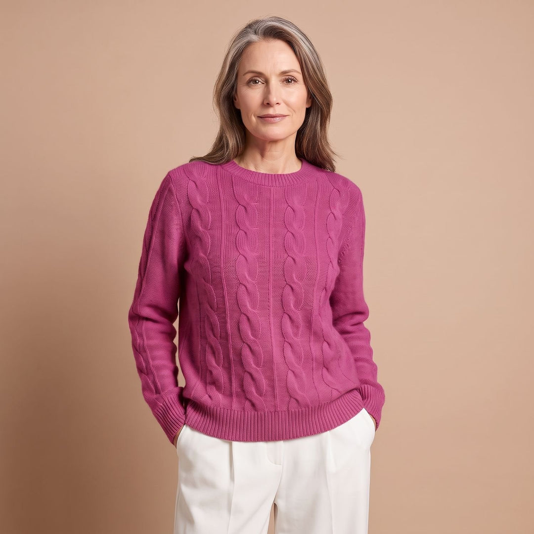Women's Oversized Cable Knit Crewneck Pullover Sweater - Dark Pink