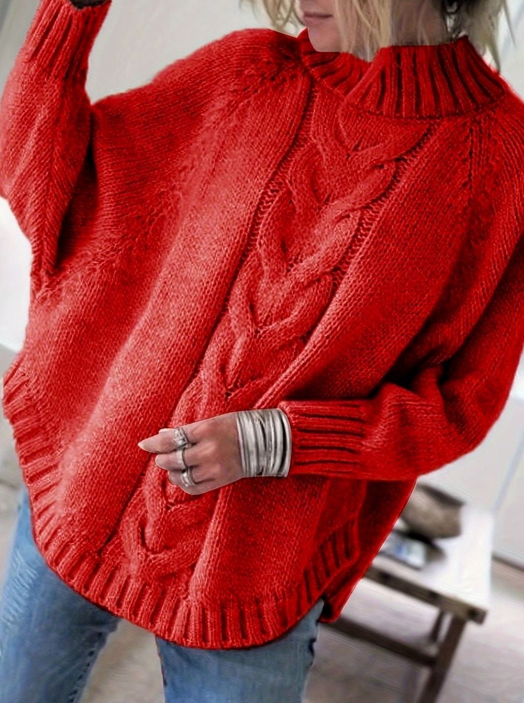 Women's Oversized Cable Knit High-Neck Pullover Sweater