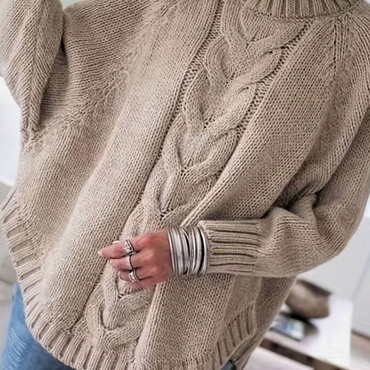 Women's Oversized Cable Knit High-Neck Pullover Sweater - Khaki