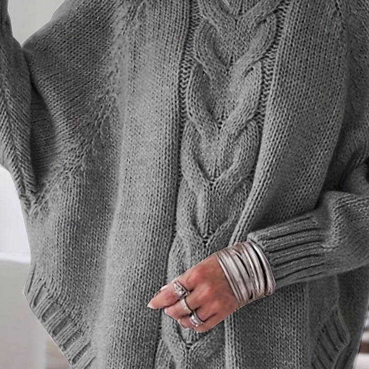 Women's Oversized Cable Knit High-Neck Pullover Sweater - Dark Gray