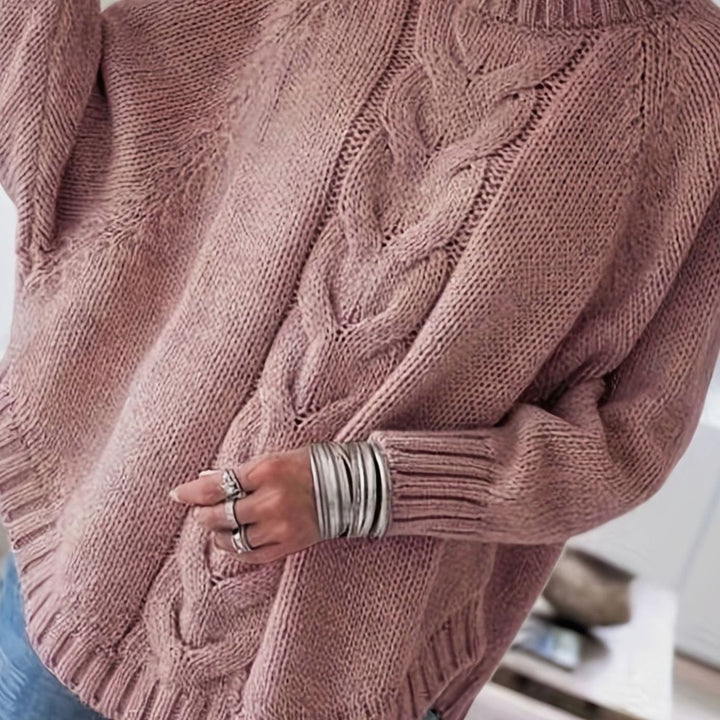 Women's Oversized Cable Knit High-Neck Pullover Sweater - Pale Pinkish Gray
