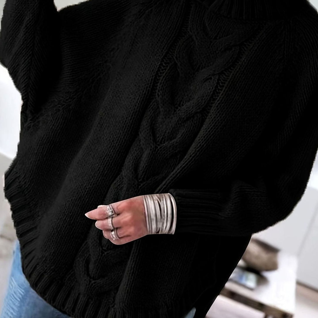 Women's Oversized Cable Knit High-Neck Pullover Sweater - Black