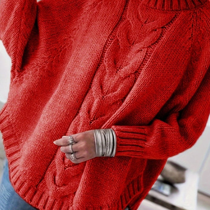 Women's Oversized Cable Knit High-Neck Pullover Sweater - Red