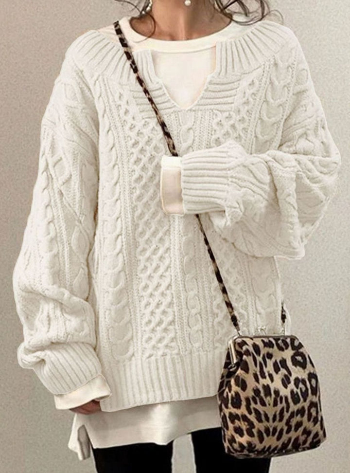 Women's Oversized Cable Knit Sweater V-Neck Long Sleeve Pullover